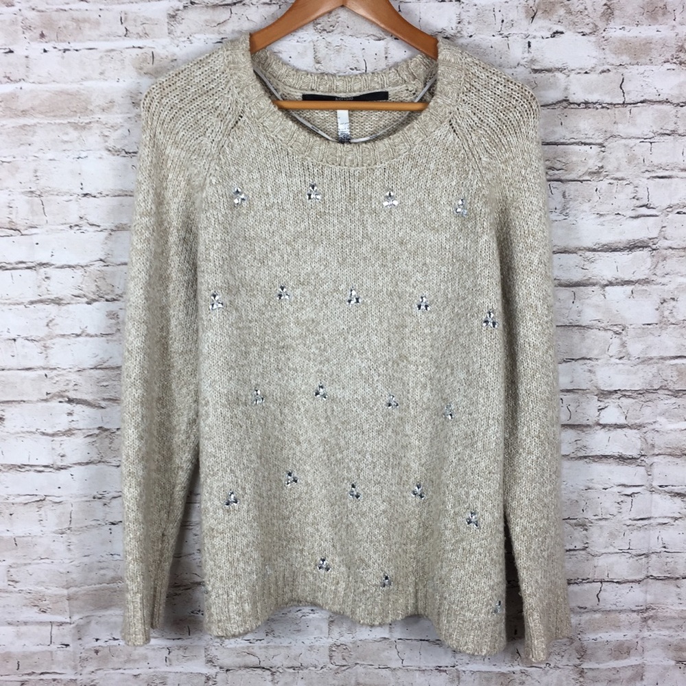 Kensie Embellished Rhinestone Crew Neck Sweater